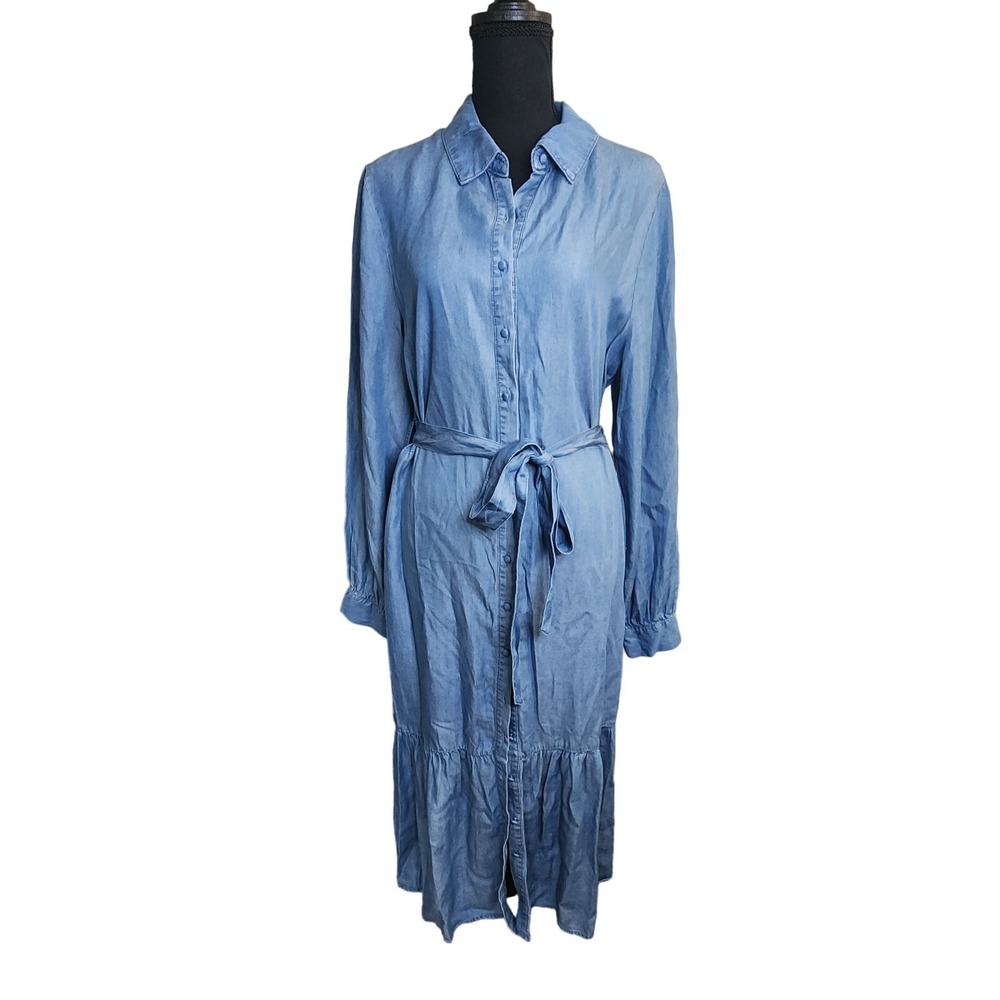 Sharagano Shirt Dress‎ Blue Chambray Tiered Ruffle Tie Waist Womens 14